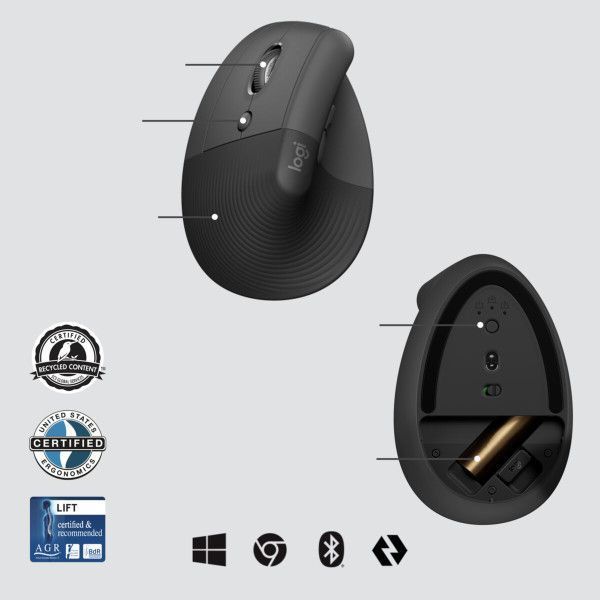 Mouse Logitech Lift for Business wireless ergonomisch graphite left (910-006495)