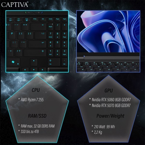 Captiva Notebook Advanced Gaming I97-978CH Ryzen 7 255 (15.3", 16GB, 1TB SSD, GeForce RTX 5060 8GB, w/o OS)