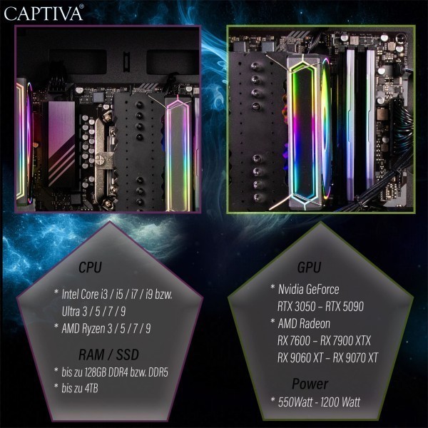 Captiva PC Advanced Gaming R90-913 (Ryzen 5 7500F/RTX5060 Ti 16GB GDDR7/SSD 2TB/32GB/WLAN/w/o OS)