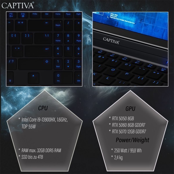 Captiva Notebook Highend Gaming I95-185GE i9-14900HX (16,0", 64GB, 4TB SSD, GeForce RTX5070 Ti 12GB, w/o OS)