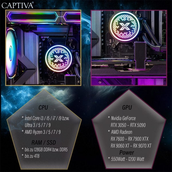 Captiva PC Highend Gaming R10-5358 (Ryzen 7 9800X3D/RTX5080 16GB GDDR7/SSD 2TB/32GB/WLAN/Windows 11 Home 64-bit)