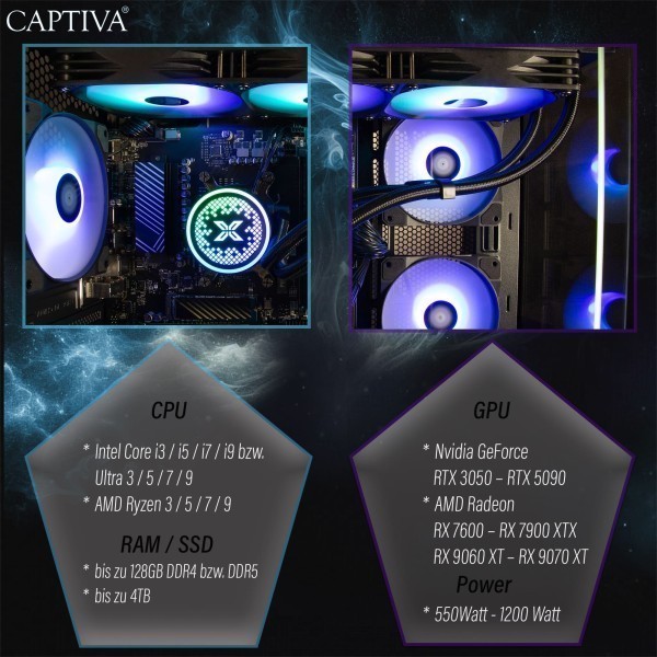 Captiva PC Advanced Gaming R92-598 (Ryzen 7 7800X3D/RTX5060 Ti 8GB GDDR7/SSD 1TB/32GB/WLAN/w/o OS)