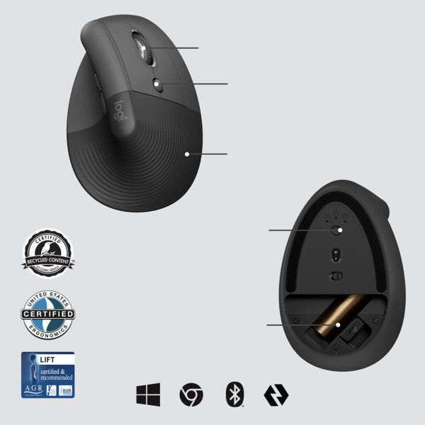 Mouse Logitech Lift for Business wireless ergonomisch graphite right (910-006494)