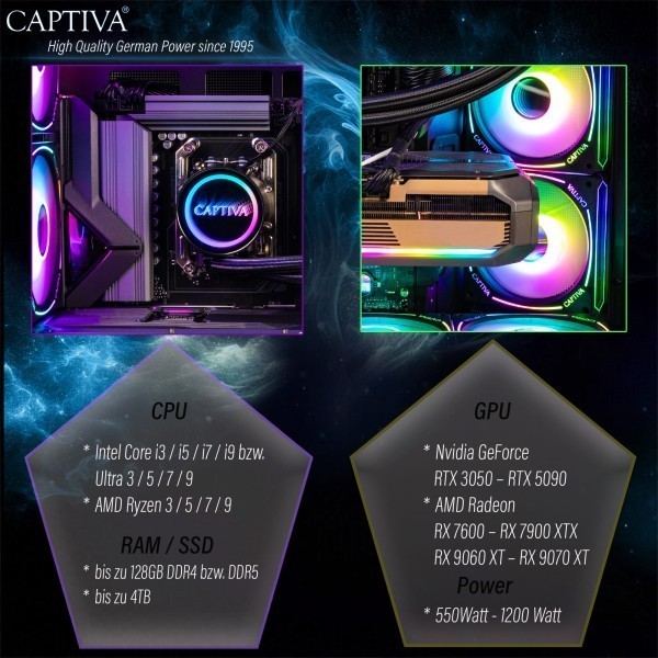 Captiva PC Advanced Gaming R93-170 (Ryzen 9 9900X/RTX5060 Ti 16GB GDDR7/SSD 2TB/32GB/WLAN/Windows 11 Home 64-bit)