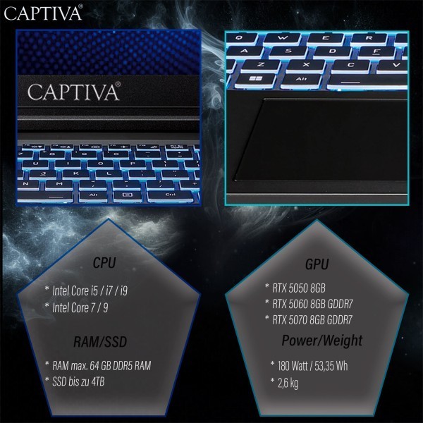 Captiva Notebook Highend Gaming I98-041CH i7-13620H (17.3", 64GB, 2TB SSD, GeForce RTX 5070 8GB, w/o OS)