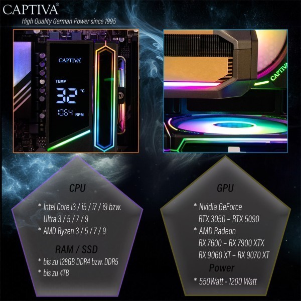 Captiva PC Advanced Gaming R92-583 (Ryzen 7 5700X/RTX5060 Ti 8GB GDDR7/SSD 1TB/16GB/WLAN/Windows 11 Home 64-bit)