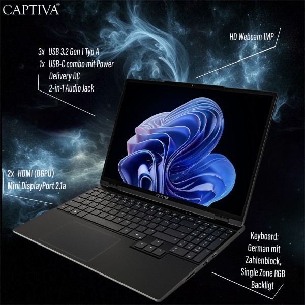 Captiva Notebook Entry Gaming R10-1707CH (15.3"/Ryzen 7 255/RTX 5060 8GB/SSD 1TB/32GB/WLAN/BT/Win 11 Home)