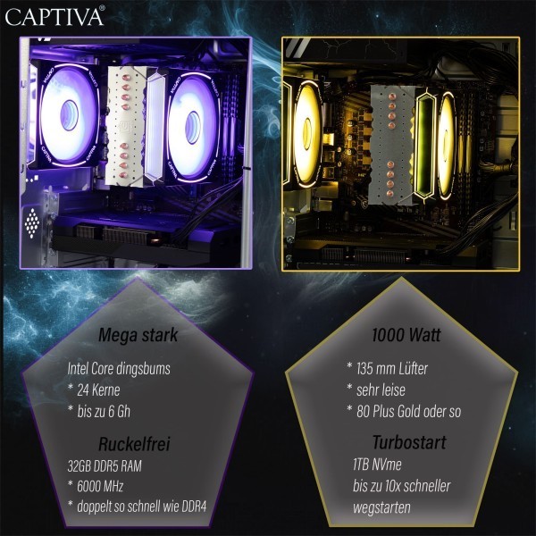 Captiva PC Highend Gaming R10-3452 (Ryzen 7 5700X/RX9060 XT 16GB GDDR6/SSD 1TB/32GB/WLAN/w/o OS)