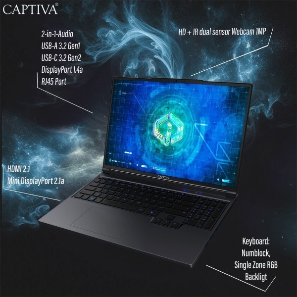 Captiva Notebook Highend Gaming I95-180GE i9-14900HX (16,0", 64GB, 2TB SSD, GeForce RTX5070 Ti 12GB, w/o OS)
