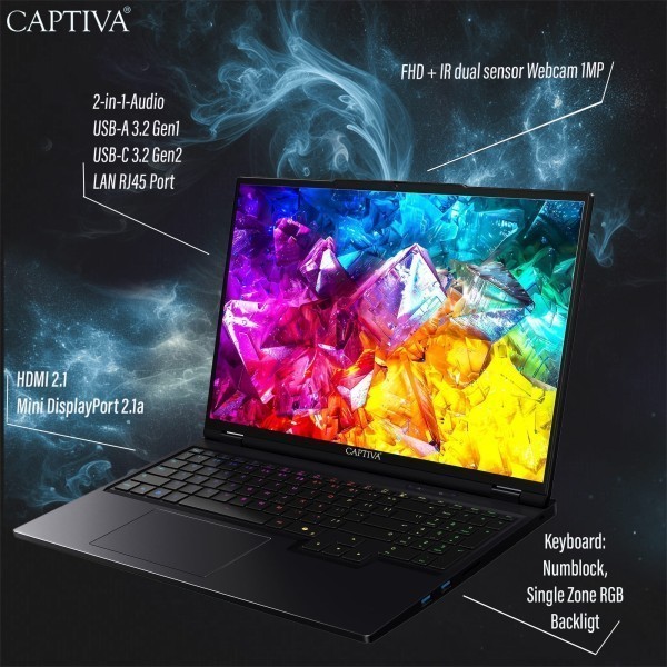 Captiva Notebook Highend Gaming R98-047CH Ryzen 9 9955HX (16,0", 16GB, 500GB SSD, GeForce RTX5080 16GB, Win 11 Home)