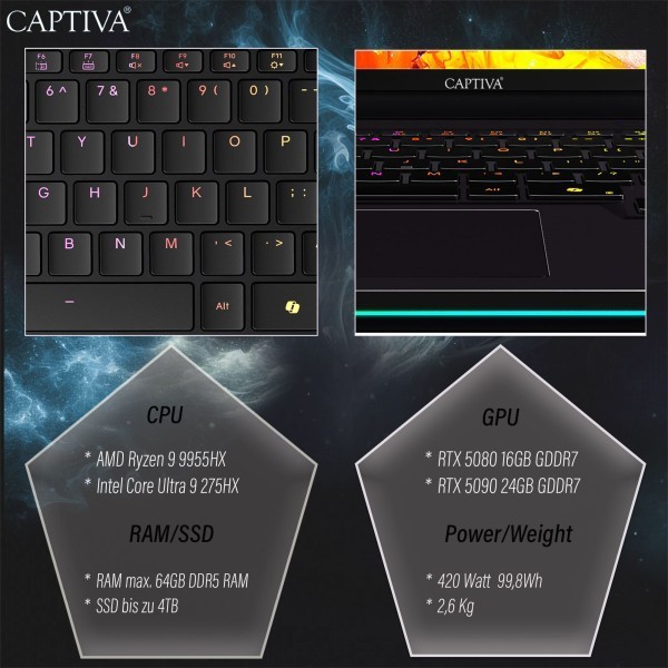 Captiva Notebook Ultimate Gaming I92-017 Ultra 9-275HX (16,0", 16GB, 500GB SSD, GeForce RTX5090 24GB, w/o OS)