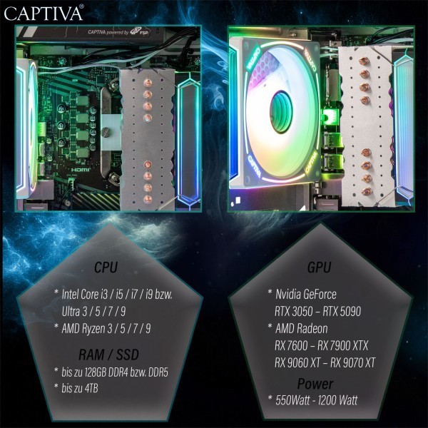 Captiva PC Highend Gaming R10-0003 (Ryzen 7 9700X/RX9060 XT 16GB GDDR6/SSD 1TB/16GB/WLAN/w/o OS)